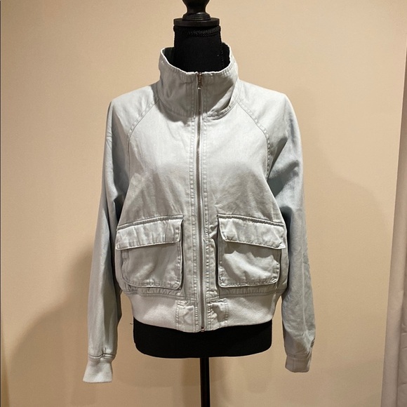 Wild Fable Soft Green-Blue Cropped Canvas Bomber Jacket with Stand-Up Collar - Picture 1 of 11